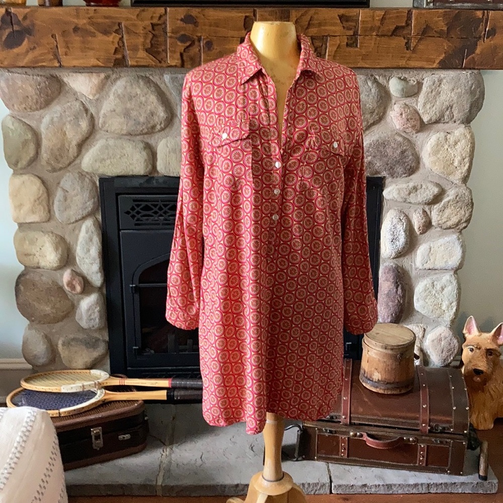 Escapada Red Printed Long Sleeve Shirt Dress, Size XL